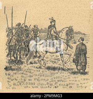 Illustration du livre Bohdan Khmelnytskyi, M. Starytskyi. VERS 1647 : conversation de Bohdan Khmelnytsky avec un paysan au sujet de sa vie. Derrière le Banque D'Images