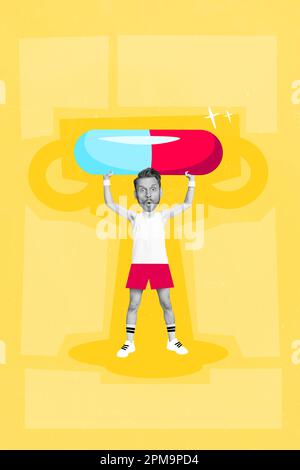 Image de collage vertical de noir impressionné blanc gamma gars gros bras de tête tenir énorme pilule isolée sur fond jaune Banque D'Images