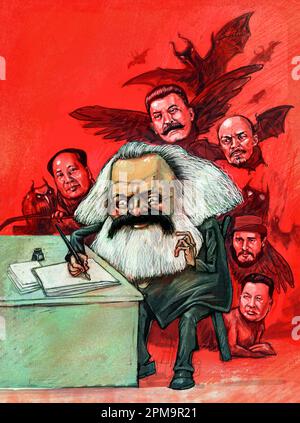 L'art du philosophe, Karl Marx écrivant le manifeste communiste. Derrière, ceux qui seraient influencés par son travail Mao, Staline, Lénine, Castro, Kim Jong-il Banque D'Images