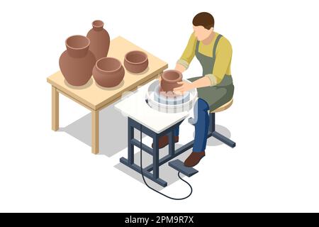 Atelier de poterie isométrique. Roue de Potter. Atelier de poterie, poterie de loisir. Faïence artisanale. Illustration de Vecteur