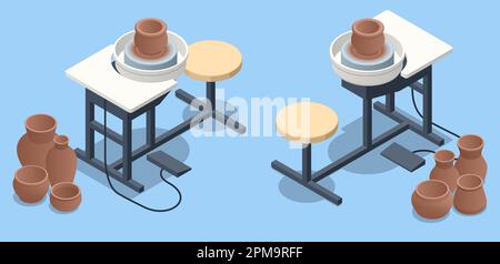 Atelier de poterie isométrique. Roue de Potter. Atelier de poterie, poterie de loisir. Faïence artisanale. Illustration de Vecteur