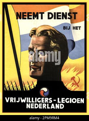 WW2 Dutch Right Wing Nazi friendly Recruitment poster avec un homme aryan aux yeux bleus blonds 'enrôler dans la Légion volontaire pays-Bas Un appel à rejoindre la Légion volontaire pays-Bas: 'Enrôler dans la Légion volontaire pays-Bas Hollande Banque D'Images