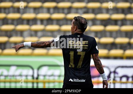 Une fois Caldas Dayro Moreno pendant le match de la Ligue BetPlay Dimayor entre Once Caldas et Equidad à Bogota, Colombie sur 11 avril 2023. Photo de: Cristian Bayona/long Visual Press Banque D'Images