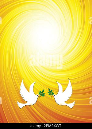 Toile de fond mystique en spirale de Pâques en jaune et blanc avec des colombes portant des branches d'olivier comme symbole de paix Illustration de Vecteur