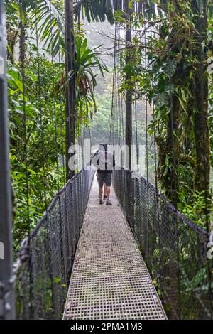 La Fortuna, Costa Rica - les touristes traversent un pont suspendu sous la pluie dans le parc Mistico Hanging Bridges. Le parc permet aux touristes de faire de la randonnée à travers le Banque D'Images