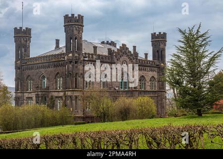 Château de Friedelhausen, construit de 1852 à 1856 dans le style anglais néo-gothique Tudor, près des villes de Staufenberg et de Lolar, Hesse, Allemagne, vue du public Banque D'Images