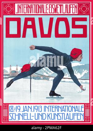 DAVOS Vintage 1900s Wintersports Poster Lithographe Davos - International Iceb Skating, 18 janvier et 19th, 1913 International speed and figure Skating artiste Walther Koch (1875–1915) Davos Suisse Banque D'Images