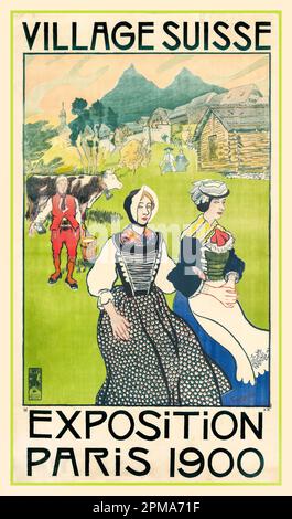 Affiche de Henry-Claudius Forestier pour le Village Suisse à l'exposition universelle de Paris 1900, illustration de l'affiche Lithographie. Banque D'Images