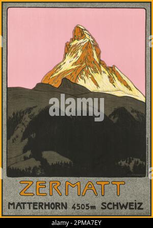 MATTERHORN ZERMATT Vintage 1900s Poster de voyage Zermatt, Matterhorn 4505m Schweiz Switzerland by Emil Cardinaux (1877–1936) 1908 Abstract Lithographie Illustration Banque D'Images