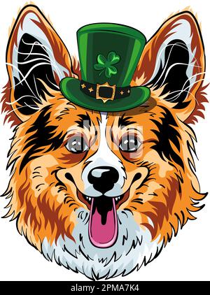 Chien Hipster Pembroke gallois corgi race en chapeau de lepretchun vert avec feuille de trèfle Illustration de Vecteur