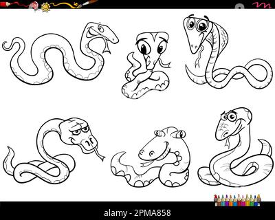 Dessin animé noir et blanc illustration humoristique de serpents animaux personnages ensemble de coloriage page Illustration de Vecteur