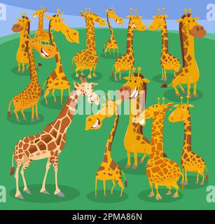 Illustration de dessins animés de girafes drôle groupe de caractères animaux sauvages Illustration de Vecteur