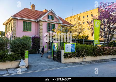 Le Goethe-Institut occupe une villa coloniale rose restaurée avec des volets verts dans la zone tampon de Nicosie, Chypre ; des projets bi-communaux ont lieu sur le site. Un homme passe devant des panneaux d'information illustrés à l'entrée, avec un arbre en fleurs à côté de la porte. Les piétons peuvent traverser la Ligne verte à proximité à la frontière du Ledra Palace. Banque D'Images