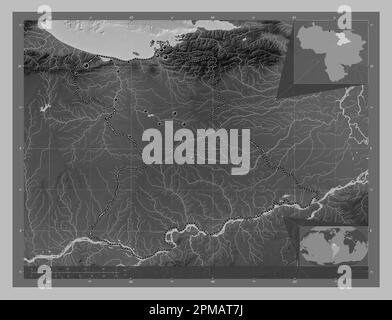 Anzoategui, État du Venezuela. Carte d'altitude en niveaux de gris avec lacs et rivières. Lieux des principales villes de la région. Cartes d'emplacement auxiliaire d'angle Banque D'Images