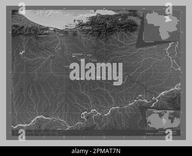 Anzoategui, État du Venezuela. Carte d'altitude en niveaux de gris avec lacs et rivières. Lieux et noms des principales villes de la région. Emplacement auxiliaire de coin Banque D'Images
