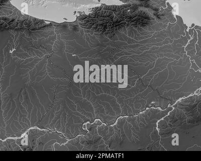 Anzoategui, État du Venezuela. Carte d'altitude en niveaux de gris avec lacs et rivières Banque D'Images