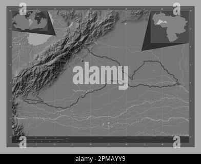 Barinas, État du Venezuela. Carte d'altitude à deux niveaux avec lacs et rivières. Cartes d'emplacement auxiliaire d'angle Banque D'Images