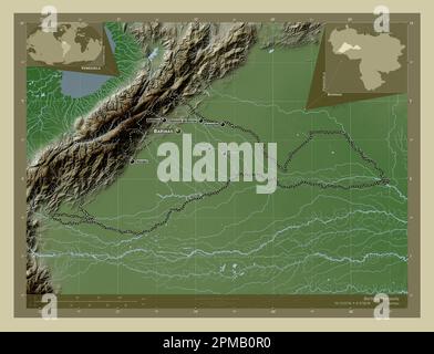 Barinas, État du Venezuela. Carte d'altitude colorée en style wiki avec lacs et rivières. Lieux et noms des principales villes de la région. Angle auxi Banque D'Images