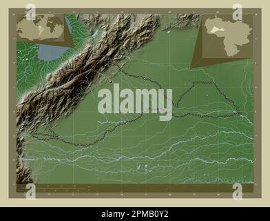 Barinas, État du Venezuela. Carte d'altitude colorée en style wiki avec lacs et rivières. Cartes d'emplacement auxiliaire d'angle Banque D'Images