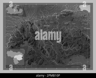 Bolivar, État du Venezuela. Carte d'altitude en niveaux de gris avec lacs et rivières. Lieux et noms des principales villes de la région. Emplacement auxiliaire d'angle Banque D'Images