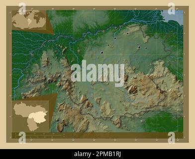 Bolivar, État du Venezuela. Carte d'altitude en couleur avec lacs et rivières. Lieux des principales villes de la région. Cartes d'emplacement auxiliaire d'angle Banque D'Images