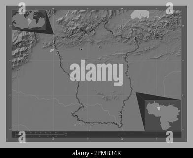 Cojedes, État du Venezuela. Carte d'altitude à deux niveaux avec lacs et rivières. Cartes d'emplacement auxiliaire d'angle Banque D'Images