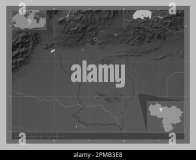 Cojedes, État du Venezuela. Carte d'altitude en niveaux de gris avec lacs et rivières. Lieux des principales villes de la région. Cartes d'emplacement auxiliaire d'angle Banque D'Images