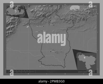 Cojedes, État du Venezuela. Carte d'altitude à deux niveaux avec lacs et rivières. Lieux et noms des principales villes de la région. Emplacement auxiliaire du coin Banque D'Images