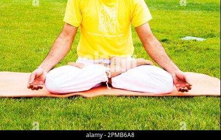 Un jeune homme assis dans le yoga pose à l'herbe verte dans la prairie et médite. Un gars musclé se détendant dans la posture du lotus. Banque D'Images