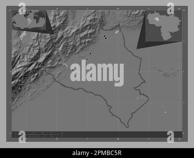 Portuguesa, État du Venezuela. Carte d'altitude à deux niveaux avec lacs et rivières. Lieux des principales villes de la région. Cartes d'emplacement auxiliaire d'angle Banque D'Images