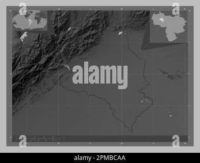 Portuguesa, État du Venezuela. Carte d'altitude en niveaux de gris avec lacs et rivières. Cartes d'emplacement auxiliaire d'angle Banque D'Images