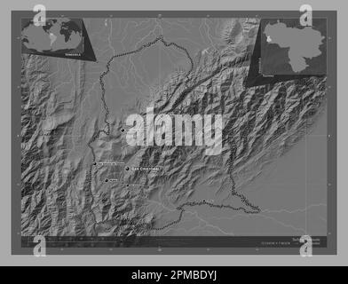 Tachira, État du Venezuela. Carte d'altitude à deux niveaux avec lacs et rivières. Lieux et noms des principales villes de la région. Emplacement auxiliaire du coin Banque D'Images