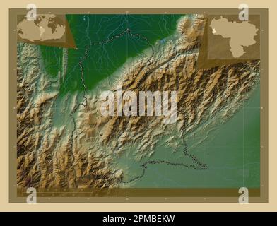 Tachira, État du Venezuela. Carte d'altitude en couleur avec lacs et rivières. Cartes d'emplacement auxiliaire d'angle Banque D'Images