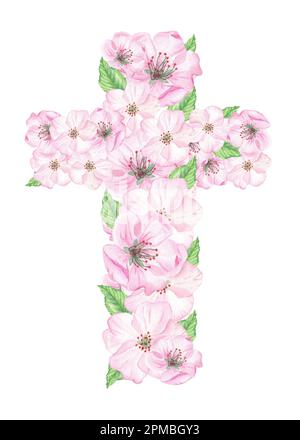 Illustration isolée aquarelle. La croix avec des fleurs est idéale pour Pâques, la première communion, le Baptême du Seigneur et une invitation. Fleur de cerisier Banque D'Images