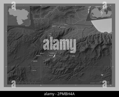 Yaracuy, État du Venezuela. Carte d'altitude en niveaux de gris avec lacs et rivières. Lieux et noms des principales villes de la région. Emplacement auxiliaire d'angle Banque D'Images