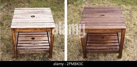 Ancienne table de jardin en bois abîmée avant sur la gauche et table fraîchement tachée après sur la droite. Extérieur dans le jardin de la maison. Banque D'Images