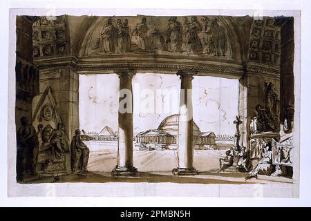 Dessin, Chapelle Sépulchrale vue à travers une Colonnade; architecte: Giuseppe Barberi (italien, 1746–1809); Italie; stylo et encre brune, pinceau et savon brun, graphite sur papier blanc cassé; image: 33,6 x 52 cm (13 1/4 x 20 1/2 po) Banque D'Images