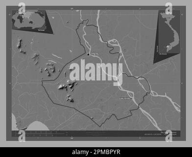 An Giang, province du Vietnam. Carte d'altitude à deux niveaux avec lacs et rivières. Lieux et noms des principales villes de la région. Emplacement auxiliaire d'angle Banque D'Images