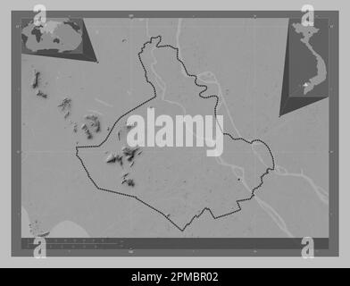 An Giang, province du Vietnam. Carte d'altitude en niveaux de gris avec lacs et rivières. Cartes d'emplacement auxiliaire d'angle Banque D'Images