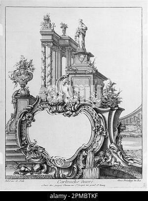 Imprimé, cartouche décoré; conçu par Pierre Edme Babel (français, 1720–1775); publié par Jacques Chéreau (français, 1688–1776); France; gravure et gravure sur papier blanc cassé; feuille: 34,2 x 22,5 cm (13 7/16 x 8 7/8 po.) Requin plat : 28 x 19 cm (11 po. x 7 1/2 po) Banque D'Images