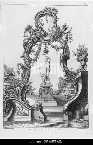 Imprimé, Arche Rocaille et Fontaine avec Vénus et Amor; conçu par Pierre Edme Babel (français, 1720–1775); publié par Jacques Chéreau (français, 1688–1776); France; gravure sur papier blanc cassé; feuille: 34,4 x 22,6 cm (13 9/16 x 8 7/8 po) Marq. Plateau : 28,4 x 19,3 cm (11 3/16 x 7 5/8 po.) Banque D'Images