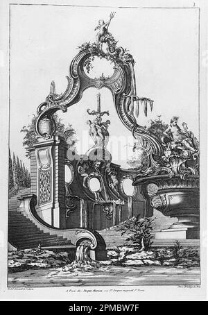 Imprimé, Arche de Rocaille et Fontaine à trois grades; conçu par Pierre Edme Babel (français, 1720–1775); publié par Jacques Chéreau (français, 1688–1776); France; gravure sur papier blanc cassé; feuille: 34,4 x 23,5 cm (13 9/16 x 9 1/4 po) Marq. Plateau : 28,3 x 19 cm (11 1/8 x 7 1/2 po.) Banque D'Images