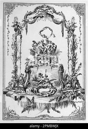 Imprimé, panneau décoratif avec une double cartouche montrant Vénus ou Thetis avec ses nymphes et une fontaine; conçu par Pierre Edme Babel (français, 1720–1775); publié par Jacques Chéreau (français, 1688–1776); France; gravé sur papier blanc cassé Banque D'Images