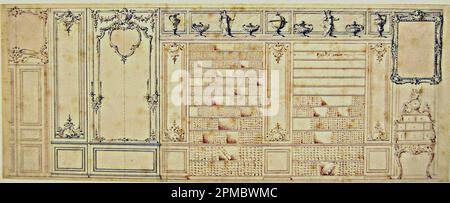 Dessin, dessin pour un mur de bibliothèque; cercle de Nicolas Pineau (français, 1684-1754); France; stylo et encre noire et rouge, pinceau et savon gris et rose sur deux feuilles de papier blanc; hors tout: 17,5 x 45,1 cm (6 7/8 x 17 3/4 po) Tapis : 40,6 x 55,9 cm (16 x 22 po) Banque D'Images
