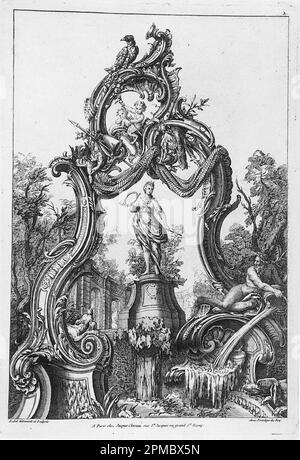 Imprimé, Arche Rocaille et Fontaine avec Diana; conçu par Pierre Edme Babel (français, 1720–1775); publié par Jacques Chéreau (français, 1688–1776); France; gravure sur papier blanc cassé; feuille: 34,3 x 22,8 cm (13 1/2 po. x 9 po) Marq. Plateau : 28,5 x 19 cm (11 1/4 x 7 1/2 po.) Banque D'Images