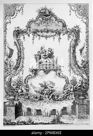 Imprimé, panneau décoratif avec une double cartouche montrant un Dieu fluvial, un Nymph et une fontaine; conçu par Pierre Edme Babel (français, 1720–1775); publié par Jacques Chéreau (français, 1688–1776); France; gravé sur papier blanc cassé Banque D'Images