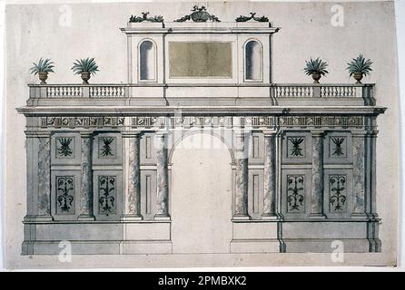 Dessin, projet pour une élévation de l'architecture de jardin (entrée d'une villa ou d'un jardin); architecte: Inconnu (italien); Italie; stylo et encre marron, pinceau et aquarelle, craie noire sur papier blanc; 37,5 x 54,8 cm (14 3/4 x 21 9/16 po) Banque D'Images