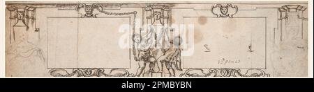 Dessin, projet pour le paneling sculpté; Giovanni Francesco Romanelli (1610–1662); Italie; stylo et encre brune, graphite, craie rouge sur papier; 10,1 x 39,2 cm (4 x 15 7/16 po.) Banque D'Images