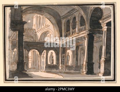 Dessin, Stage Design, intérieur de l'église; conçu par Pietro Narducci (italien, actif 1809 - 1841); Italie; encre de plume et de bistre, pinceau et sépia laver sur papier Banque D'Images