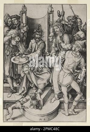 Imprimé, Christ avant Pilate, de la série The passion of Christ; Imprimeur: Martin Schongauer (allemand, 1450–91); Allemagne; gravure sur papier crème; 16,7 x 11,7 cm (6 9/16 x 4 5/8 po) Banque D'Images